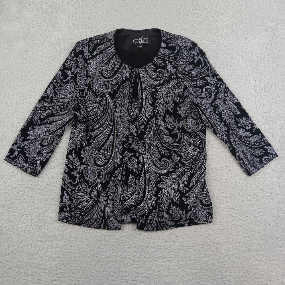 Alex Evenings Twin Set L Black Silver Metallic Paisley Jacket Tank 83211579